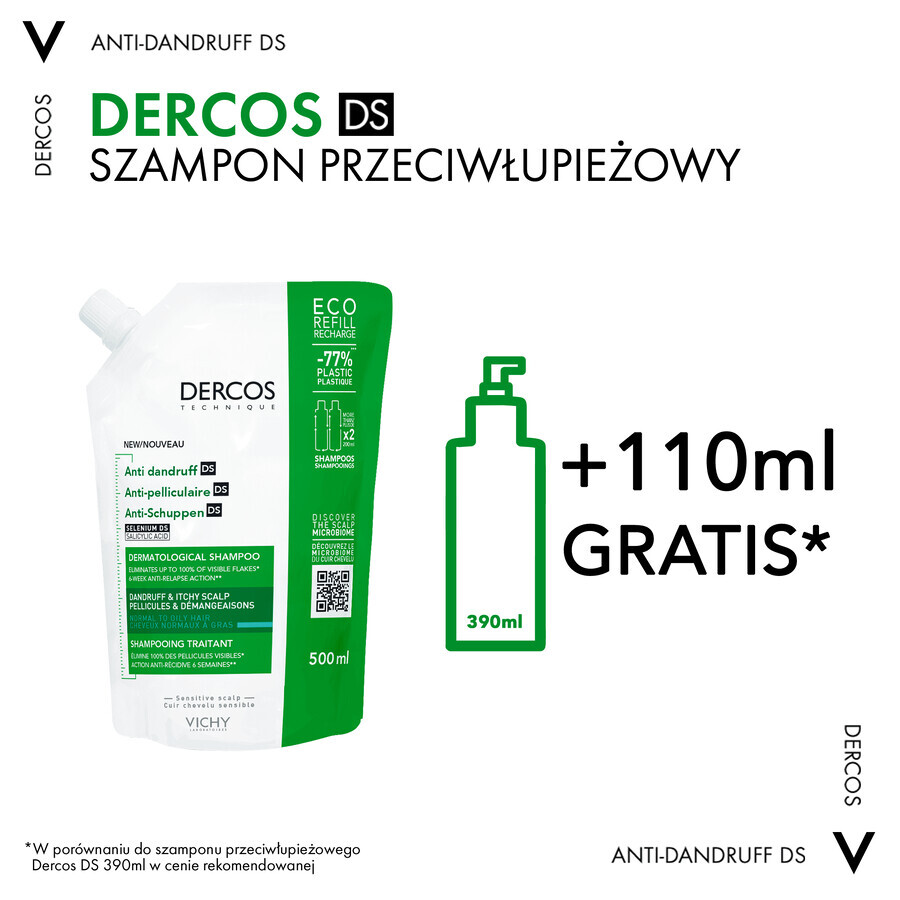 Vichy Dercos Anti Dandruff DS, șampon anti-mătreață, păr normal și gras, rezervă, 500 ml