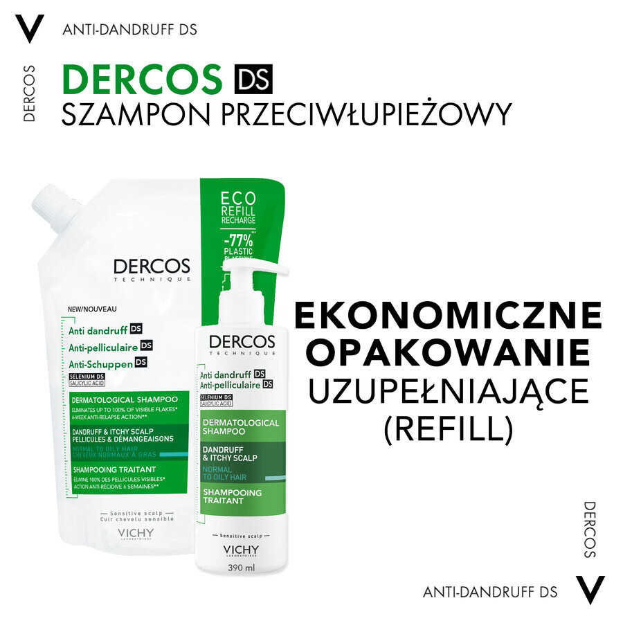 Vichy Dercos Anti Dandruff DS, șampon anti-mătreață, păr normal și gras, rezervă, 500 ml