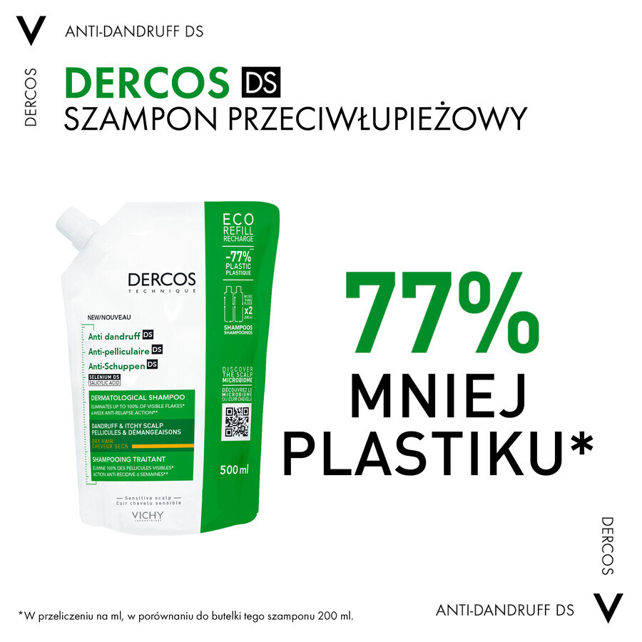 Vichy Dercos Anti Dandruff DS, șampon anti-mătreață, păr uscat, rezervă, 500 ml