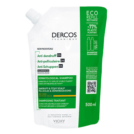 Vichy Dercos Anti Dandruff DS, șampon anti-mătreață, păr uscat, rezervă, 500 ml