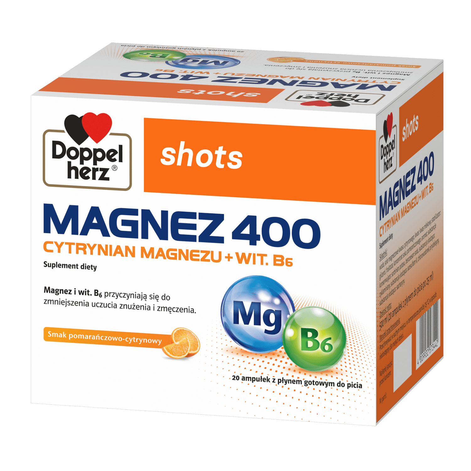 Doppelherz Shots Magneziu 400, lichid, aromă de portocale și lămâie, 25 ml x 20 fiole