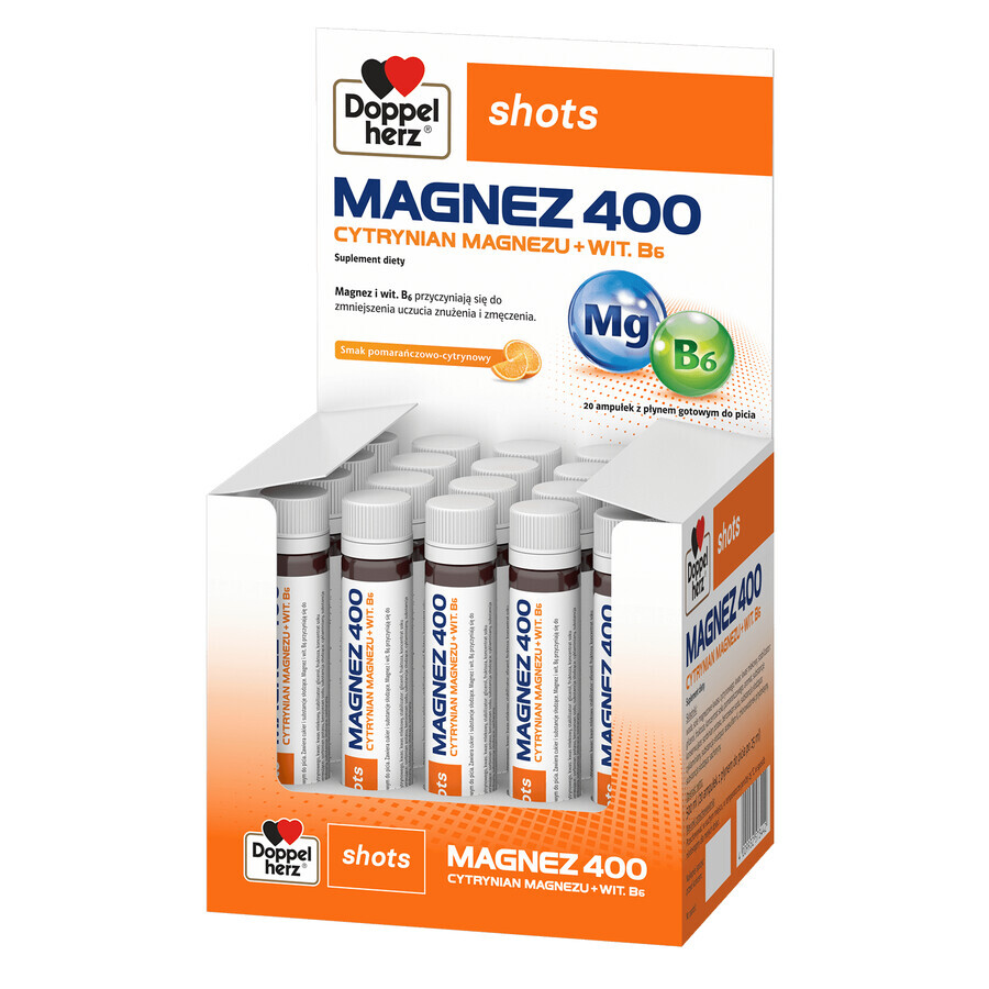 Doppelherz Shots Magnesio 400, liquido, aroma di arancia e limone, 25 ml x 20 fiale