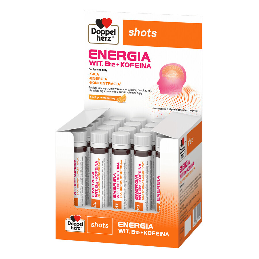 Doppelherz Shots Energy, lichid, aromă de portocale, 25 ml x 20 fiole