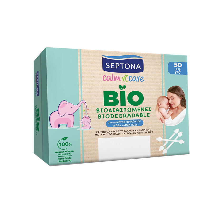 Septona Baby Calm n Care Bio, bețișoare de bumbac biodegradabile pentru bebeluși, 50 bucăți