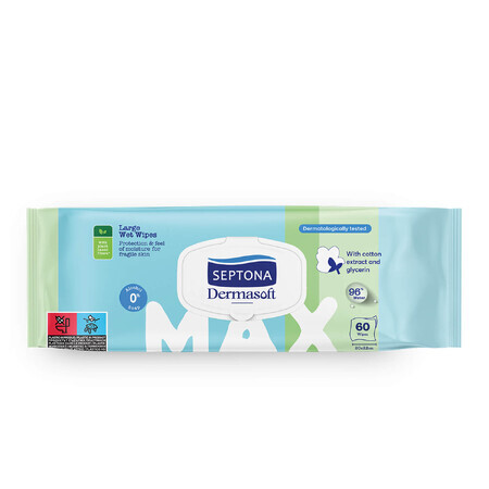 Septona Dermasoft Max, șervețele umede, extract de bumbac și glicerină, 60 bucăți