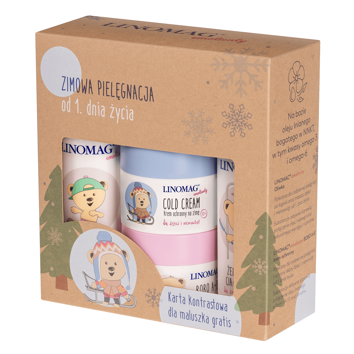 Linomag Winter Care set, măsline, 200 ml + cremă de protecție, 50 ml + gel de spălare a corpului, 200 ml + cremă de iarnă, 50 ml + card de contrast