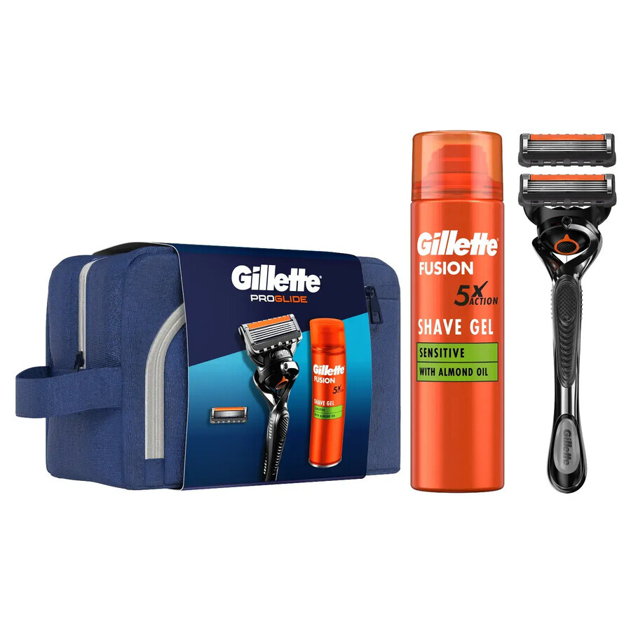 Set Gillette Proglide, aparat de ras, 1 buc + lamă, 1 buc + gel de ras, 200 ml + geantă cosmetică, 1 buc