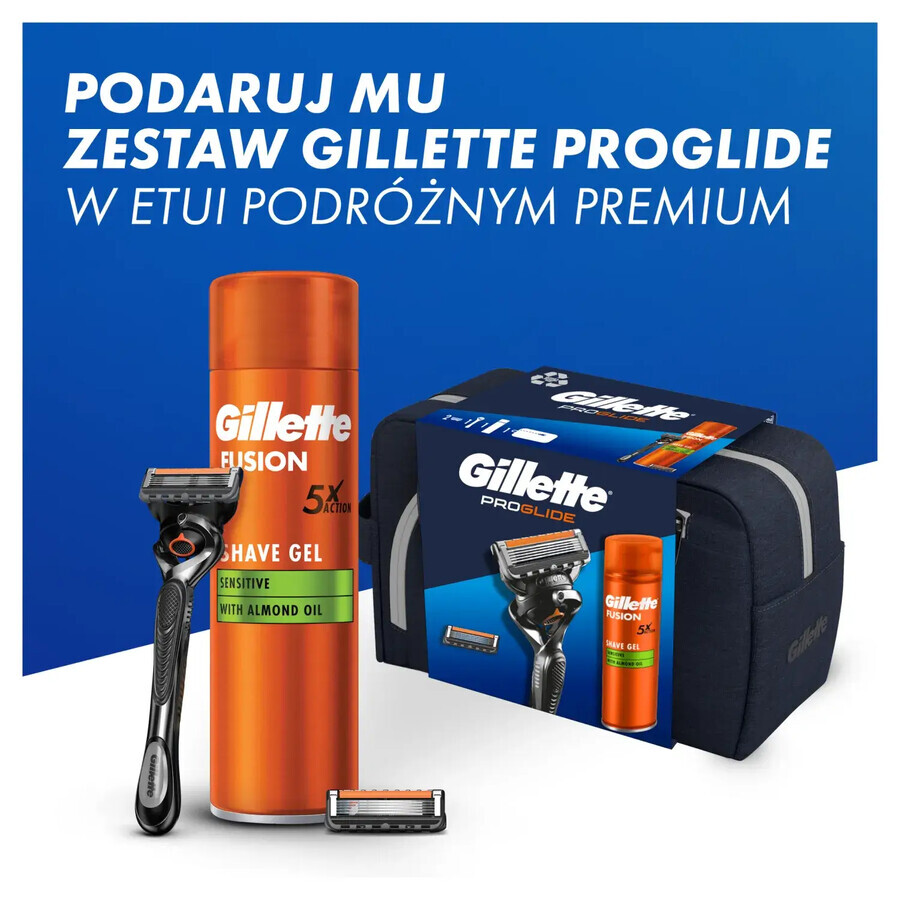 Set Gillette Proglide, aparat de ras, 1 buc + lamă, 1 buc + gel de ras, 200 ml + geantă cosmetică, 1 buc