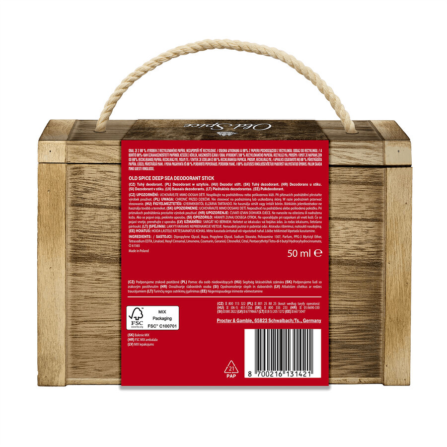 Old Spice Treasure Chest set, déodorant, stick, Deep Sea, 50 ml + gel douche, Deep Sea, 250 ml + aftershave, Captain, 100 ml + boîte