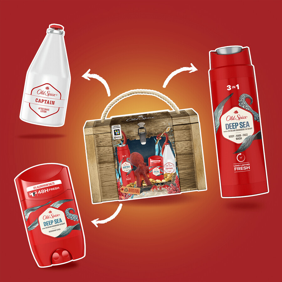 Old Spice Treasure Chest set, déodorant, stick, Deep Sea, 50 ml + gel douche, Deep Sea, 250 ml + aftershave, Captain, 100 ml + boîte