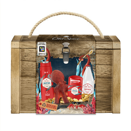 Old Spice Treasure Chest set, déodorant, stick, Deep Sea, 50 ml + gel douche, Deep Sea, 250 ml + aftershave, Captain, 100 ml + boîte