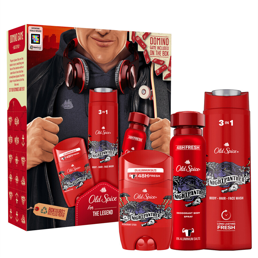 Set Old Spice City Explorer, deodorant stick, Night Panther, 50 ml + deodorant spray, Night Panther, 150 ml + gel de duș 3 în 1, Night Panther, 400 ml + domino