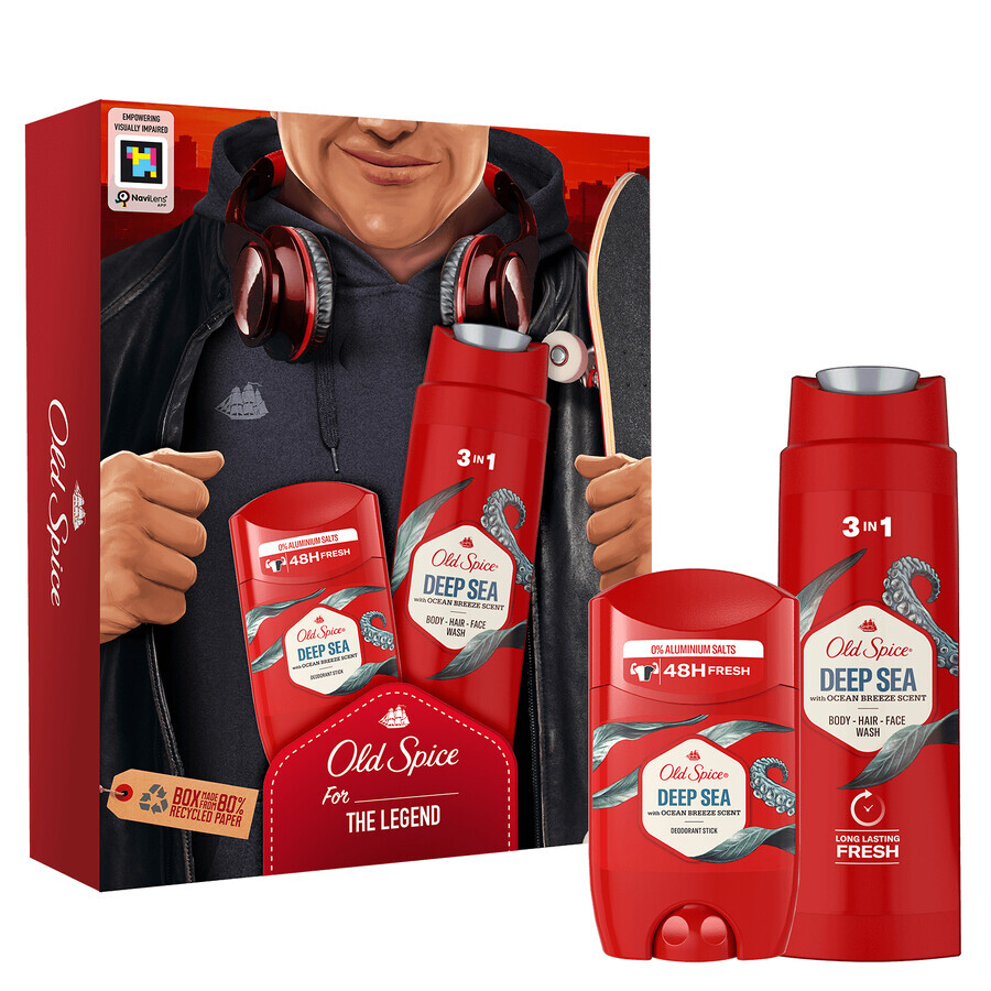 Set Old Spice Footballer, deodorant stick, Deep Sea, 50 ml + gel de duș 3 în 1, Deep Sea, 250 ml