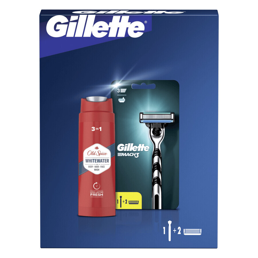 Set Gilette Mach 3, rasoio a 2 lame, 1 pezzo + cartuccia di ricambio, 1 pezzo + Old Spice Whitewater, lavaggio viso, capelli e corpo 3 in 1, 250 ml