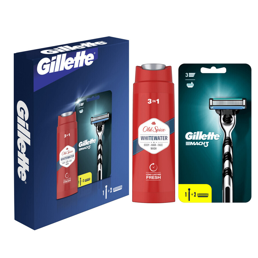 Set Gilette Mach 3, rasoio a 2 lame, 1 pezzo + cartuccia di ricambio, 1 pezzo + Old Spice Whitewater, lavaggio viso, capelli e corpo 3 in 1, 250 ml