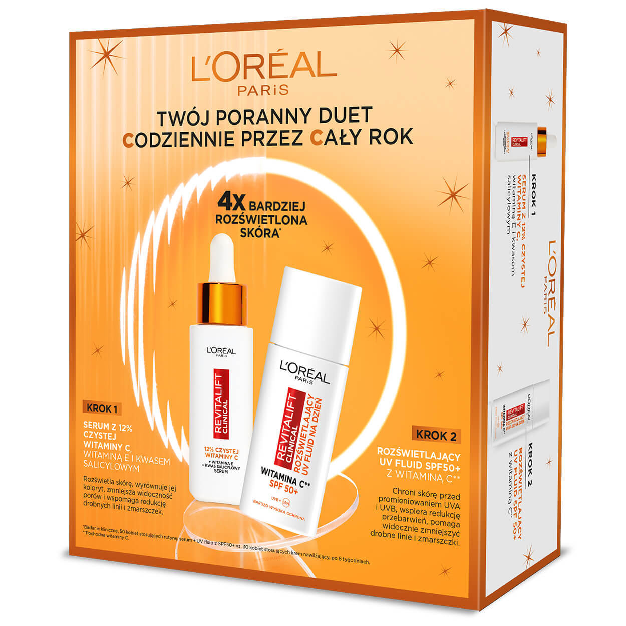 Kit clinic L'Oreal Revitalift, ser facial iluminator, 12% vitamina C pură, 30 ml + fluid iluminator, SPF 50+, 50 ml