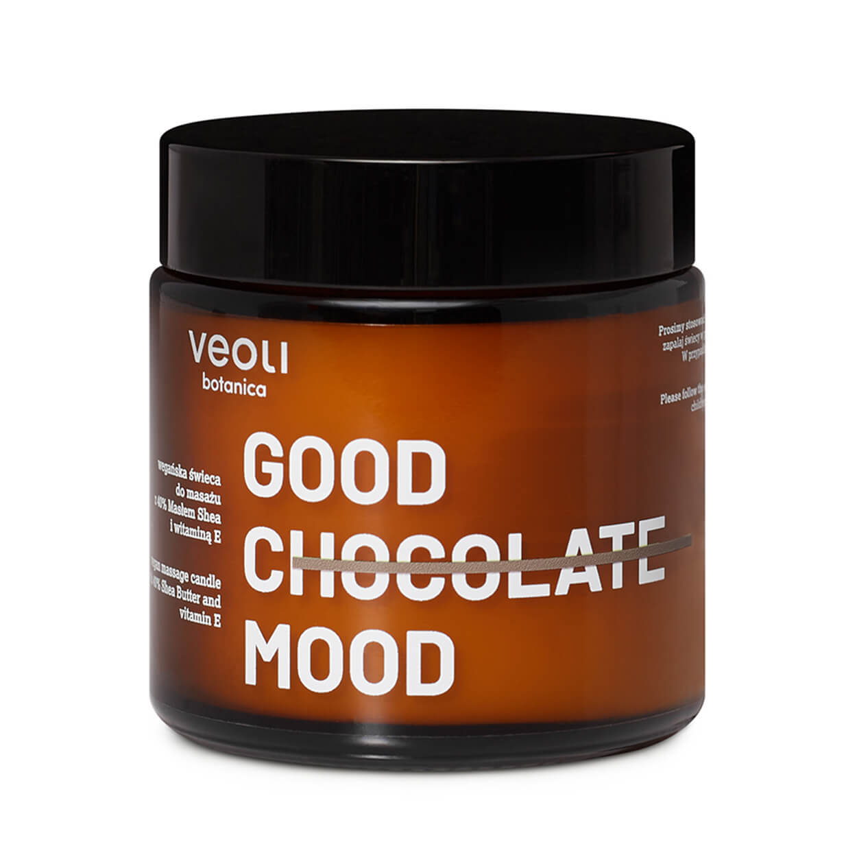 Veoli Botanica Good Chocolate Mood, lumânare de masaj vegană cu 40% unt de shea și vitamina E, 100 ml