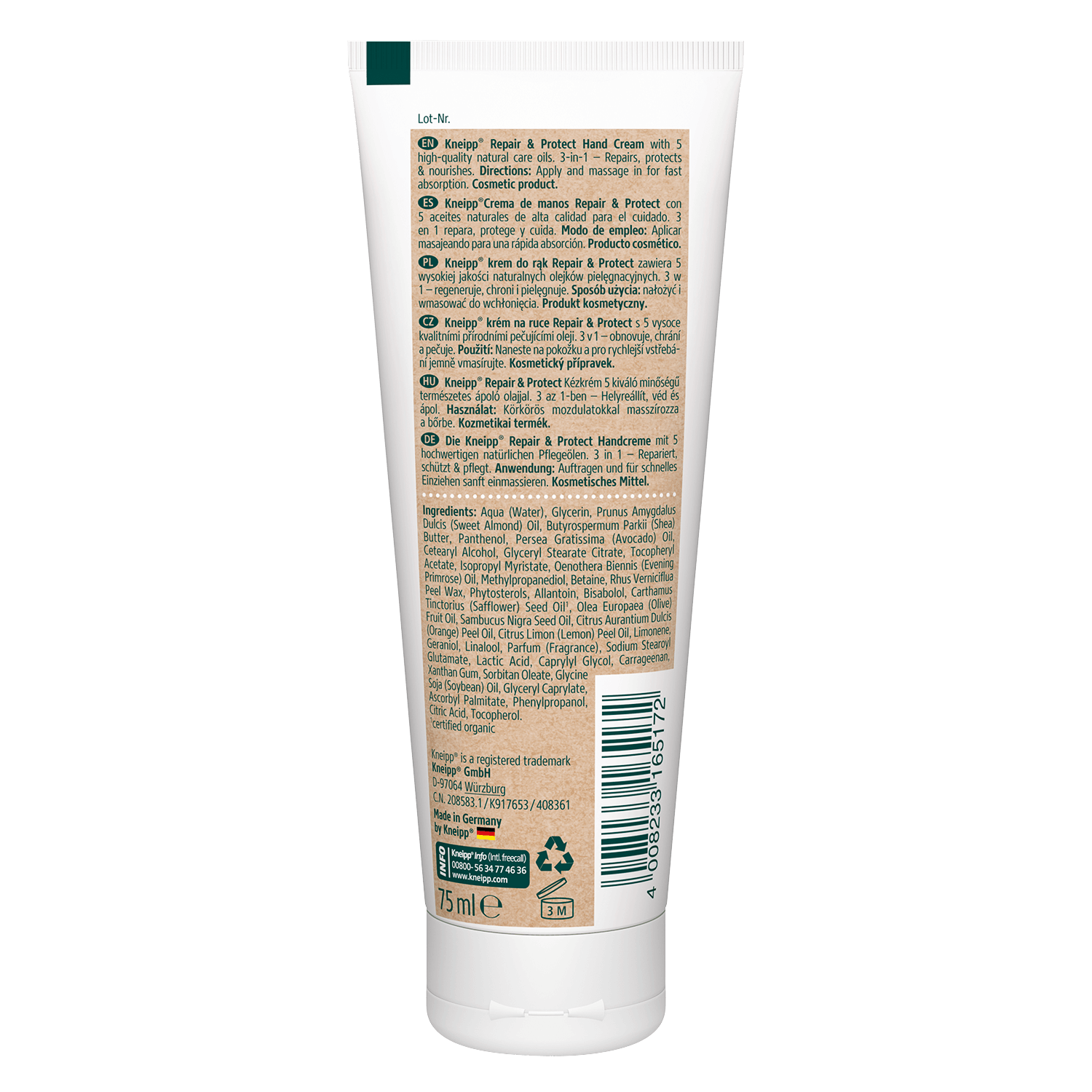 Kneipp Repair &amp; Protect, cremă de mâini 3 în 1, avocado și shea, 75 ml