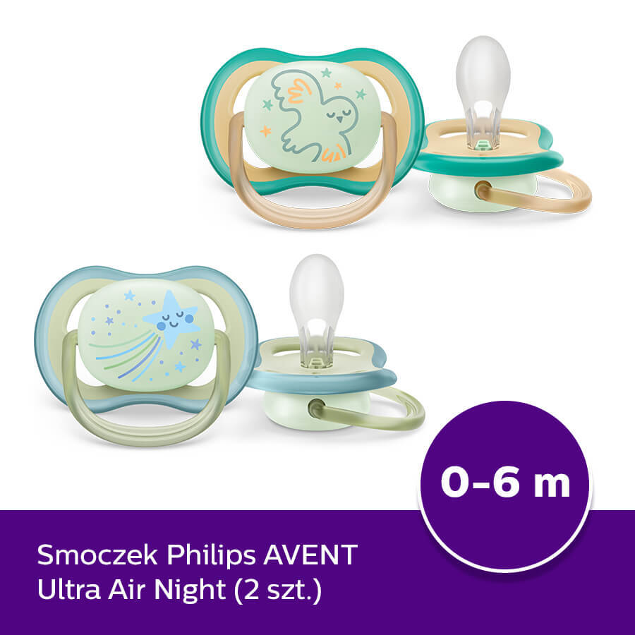 Avent Ultra Air Night, suzetă, silicon, simetrică, strălucește în întuneric, băiat, SCF376/18, 0-6 luni, 2 bucăți