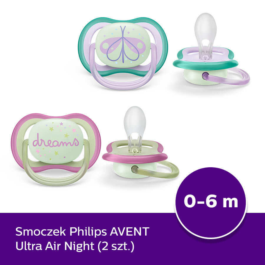 Avent Ultra Air Night, suzetă, silicon, simetrică, strălucește în întuneric, fată, SCF376/19, 0-6 luni, 2 bucăți