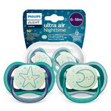 Avent Ultra Air Nighttime, suzetă, silicon, simetrică, strălucește în întuneric, băiat, SCF376/13, 6-18 luni, 2 bucăți