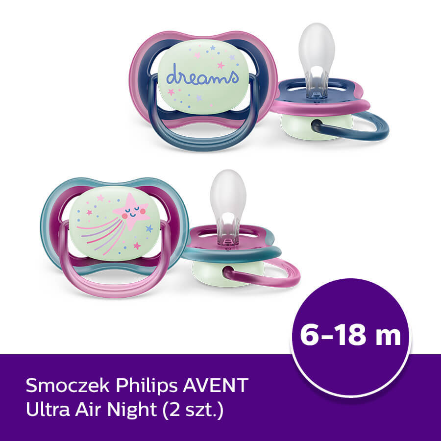 Avent Ultra Air Nighttime, suzetă, silicon, simetrică, strălucește în întuneric, fată, SCF376/14, 6-18 luni, 2 bucăți