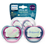 Avent Ultra Air Nighttime, suzetă, silicon, simetrică, strălucește în întuneric, fată, SCF376/14, 6-18 luni, 2 bucăți