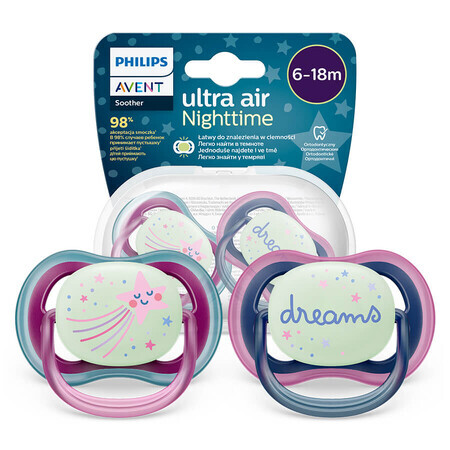 Avent Ultra Air Nighttime, suzetă, silicon, simetrică, strălucește în întuneric, fată, SCF376/14, 6-18 luni, 2 bucăți