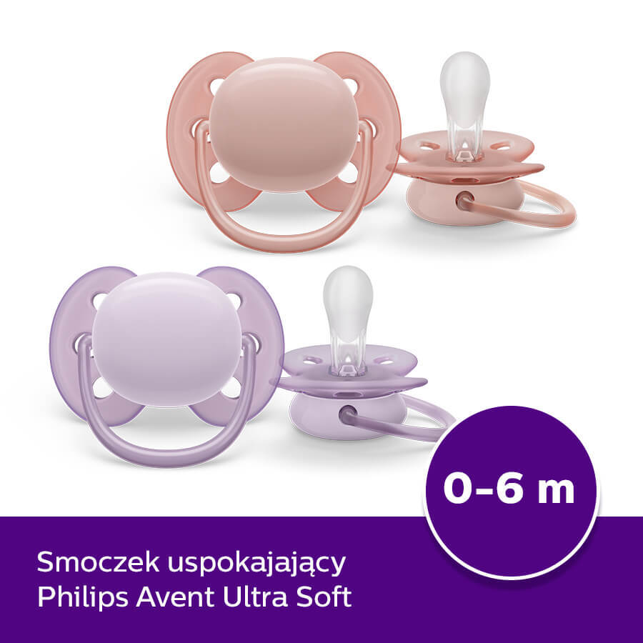 Avent Ultra Soft, suzetă, silicon, simetrică, fetiță, SCF091/31, 0-6 luni, 2 bucăți