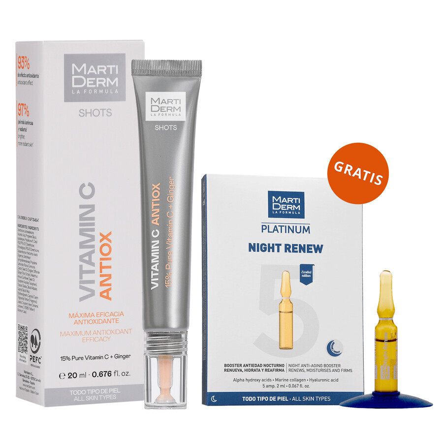 Set gratuit cu MartiDerm Shots Vitamin C Antiox, ser facial, 20 ml + Platinum Night Renew, stimulent de noapte, 2 ml x 5 fiole