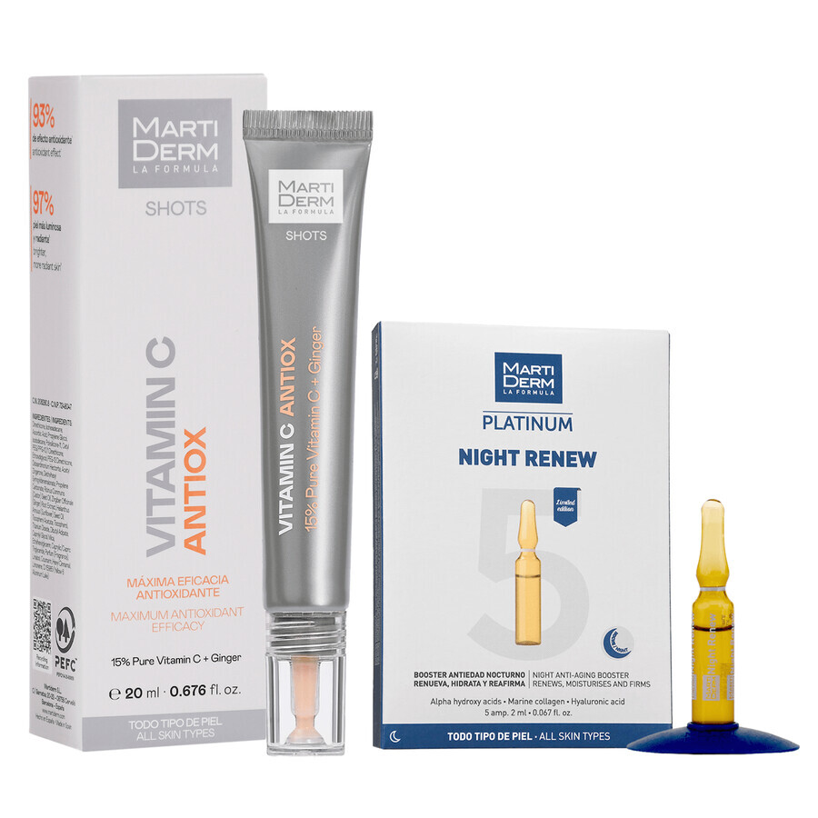 Set gratuit cu MartiDerm Shots Vitamin C Antiox, ser facial, 20 ml + Platinum Night Renew, stimulent de noapte, 2 ml x 5 fiole