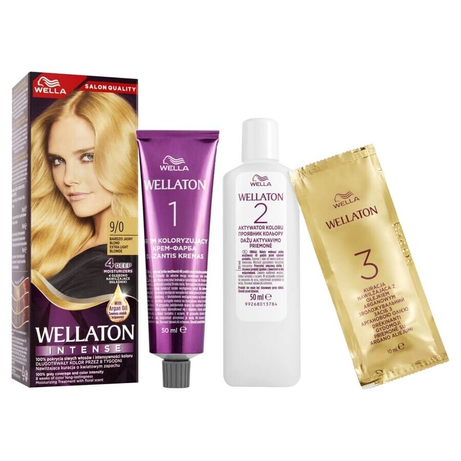 Wellaton, crema coloración intensa, 9/0 rubio muy claro, 2 x 110 ml + set de tintes para el cabello de regalo