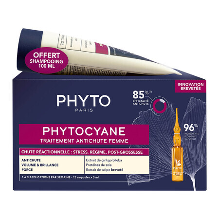 Set Phytocayne, tratament împotriva căderii părului pentru femei, fiole de reacție, 12 x 5 ml + șampon, 100 ml