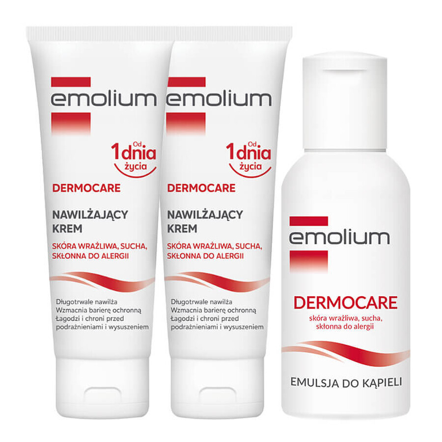 Set Emolium Dermocare, cremă hidratantă, piele sensibilă, uscată și predispusă la alergii, din ziua 1, 2 x 75 ml + emulsie de baie, 50 ml gratuit