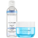 Set Dermedic Hydrain 3 Hialuro, ultra-feuchtigkeitsspendendes Creme-Gel für das Gesicht, 50 ml + Hydrain 3 Hialuro, H2O Mizellenfluid, 100 ml