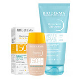 Bioderma Photoderm set, base mineral nude, muy ligera, SPF 50+, 40 ml + gel-crema calmante que prolonga el bronceado, 100 ml