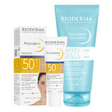 Bioderma Photoderm set crema protectora para pieles con decoloraciones, ligera, SPF 50+, 40 ml + gel-crema calmante que prolonga el bronceado, 100 ml