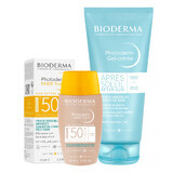 Bioderma Photoderm set, base de maquillaje mineral efecto nude, ligera, SPF 50+, 40 ml + gel-crema calmante que prolonga el bronceado, 100 ml