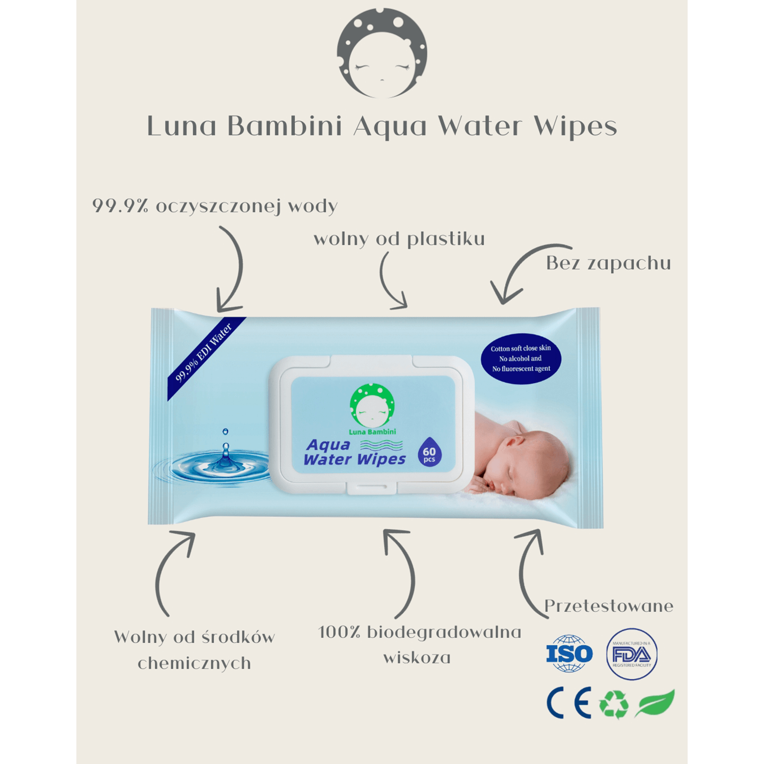 Luna Bambini Aqua Water Wipes, șervețele umede, apă, 50 bucăți