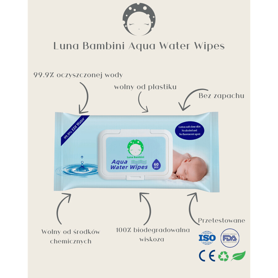 Luna Bambini Aqua Water Wipes, Feuchttücher, Wasser, 50 Stück