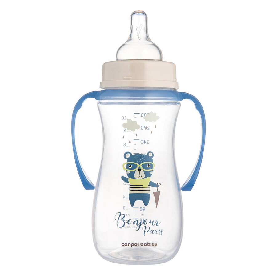 Canpol Babies Easy Start, anti-colic bottle, wide mouth, with handles, Bonjur Paris, blue, from 12 months, 300 ml