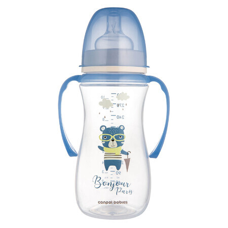 Canpol Babies Easy Start, anti-colic bottle, wide mouth, with handles, Bonjur Paris, blue, from 12 months, 300 ml