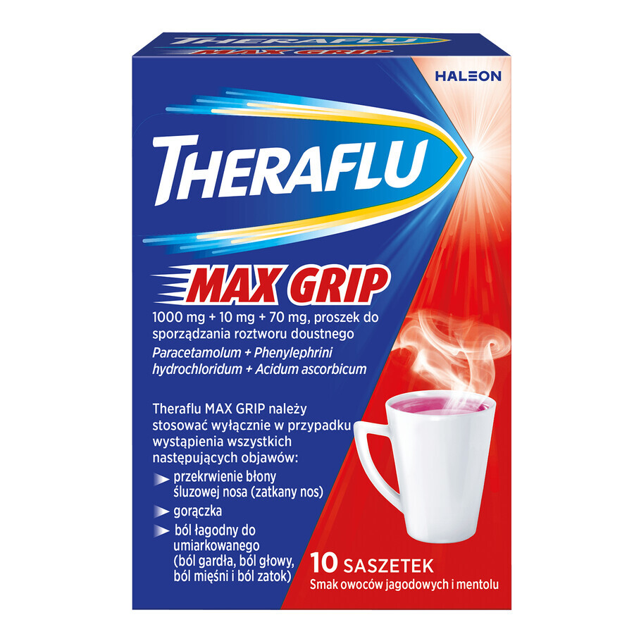 Theraflu Max Grip 1000 mg + 70 mg + 10 mg, pulbere pentru soluție orală, aromă de fructe de pădure și mentol, 10 pliculețe 