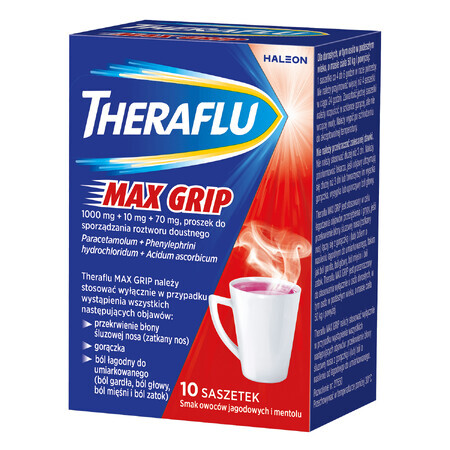 Theraflu Max Grip 1000 mg + 70 mg + 10 mg, pulbere pentru soluție orală, aromă de fructe de pădure și mentol, 10 pliculețe 