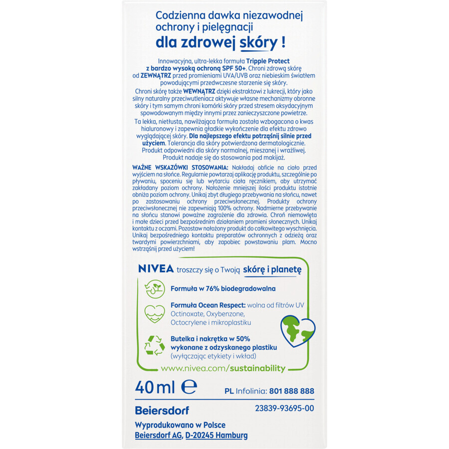 Nivea Sun Tripple Protect, fluid pentru față, SPF 50+, 40 ml