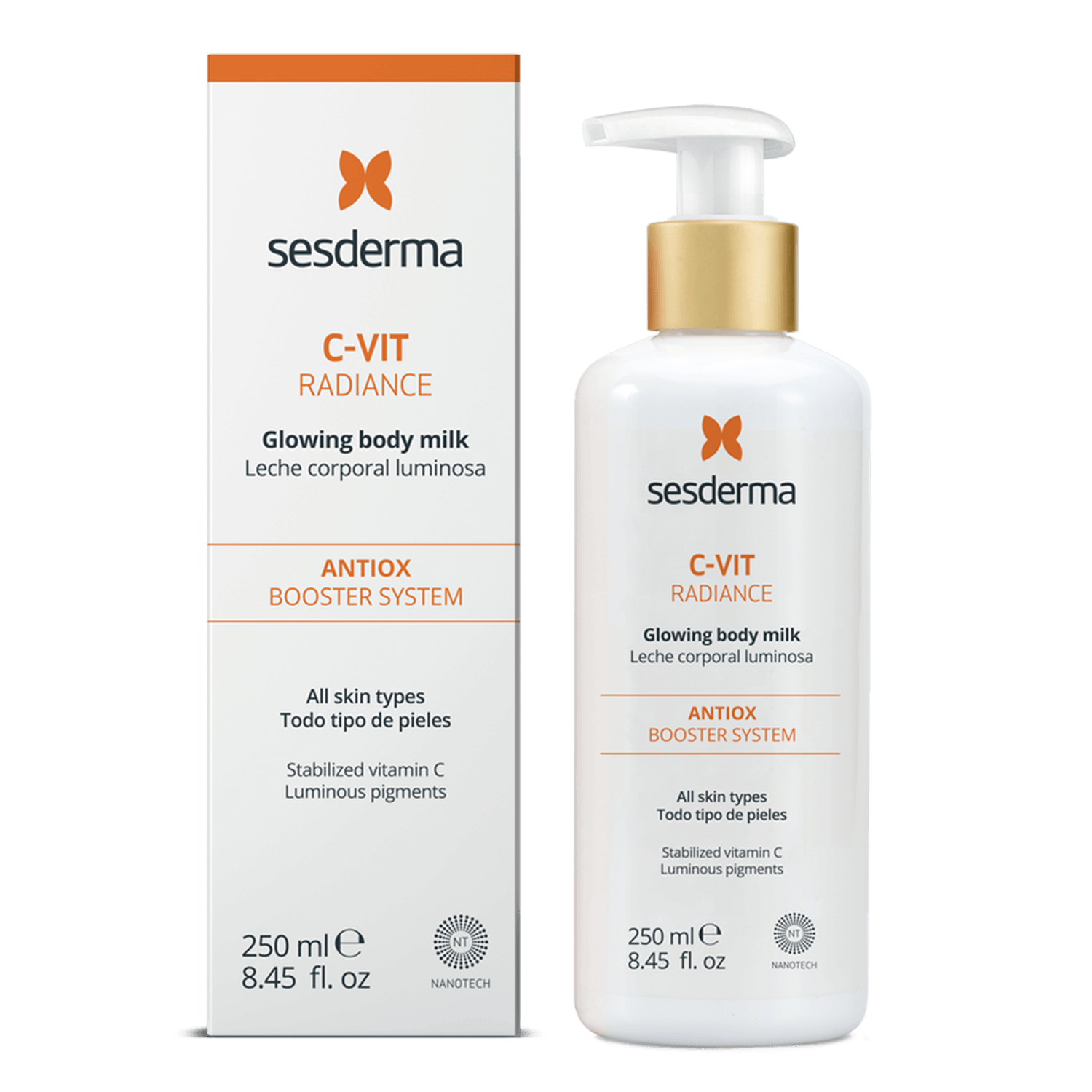 Set Sesderma, C-Vit Radiance, lapte de corp iluminator, 250 ml + Repaskin, spray de protecție solară transparent, SPF 50, 200 ml