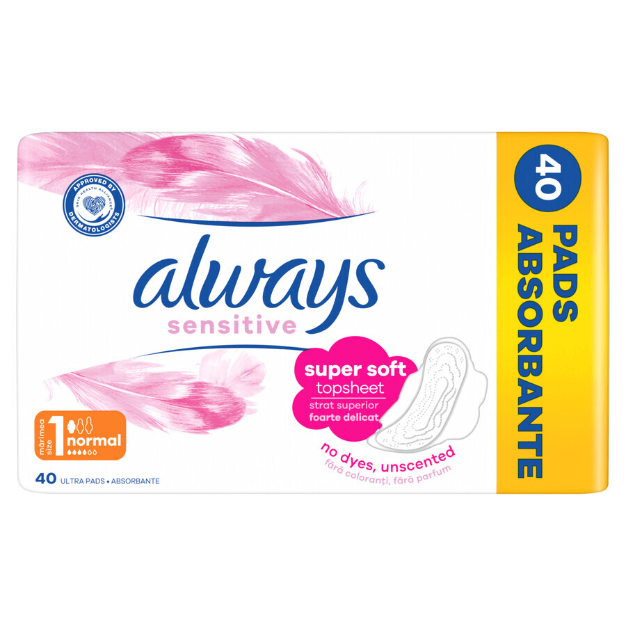 Always Sensitive, assorbenti igienici con ali, taglia 1, normali, 40 pz.