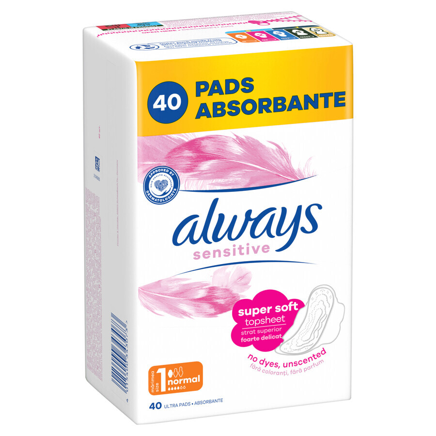 Always Sensitive, assorbenti igienici con ali, taglia 1, normali, 40 pz.