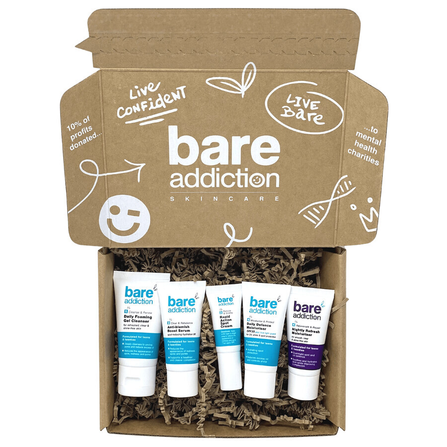 Bare Addiction Clear Skin Kit, Reinigungsgel, 15 ml + Serum, 30 ml + Tagescreme, SPF 30, 15 ml + Nachtcreme, 15 ml + Spot Gel, 8 ml