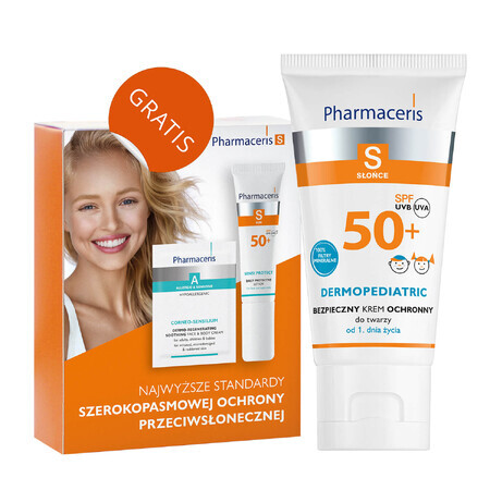 Pharmaceris S, veilige gezichtscrème, vanaf de geboorte, SPF 50+, 50 ml + Set, zonnebrandemulsie, SPF 50+, 10 ml + crème, gratis monster